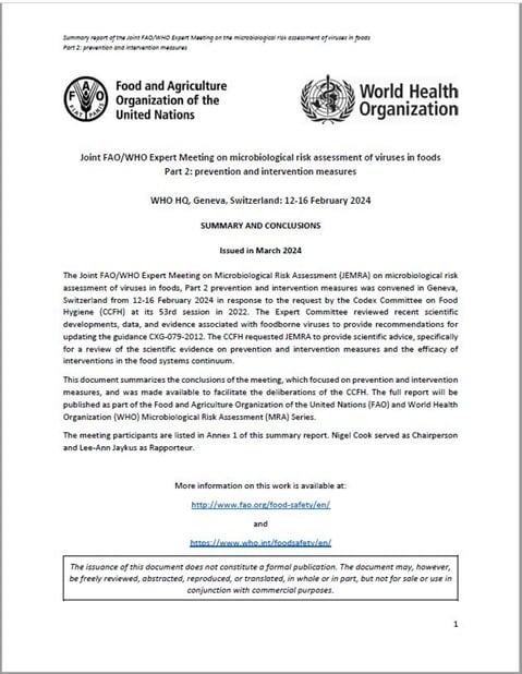 Joint FAO/WHO Expert Meeting on microbiological risk assessment of viruses in foods Part 2: prevention and intervention measures