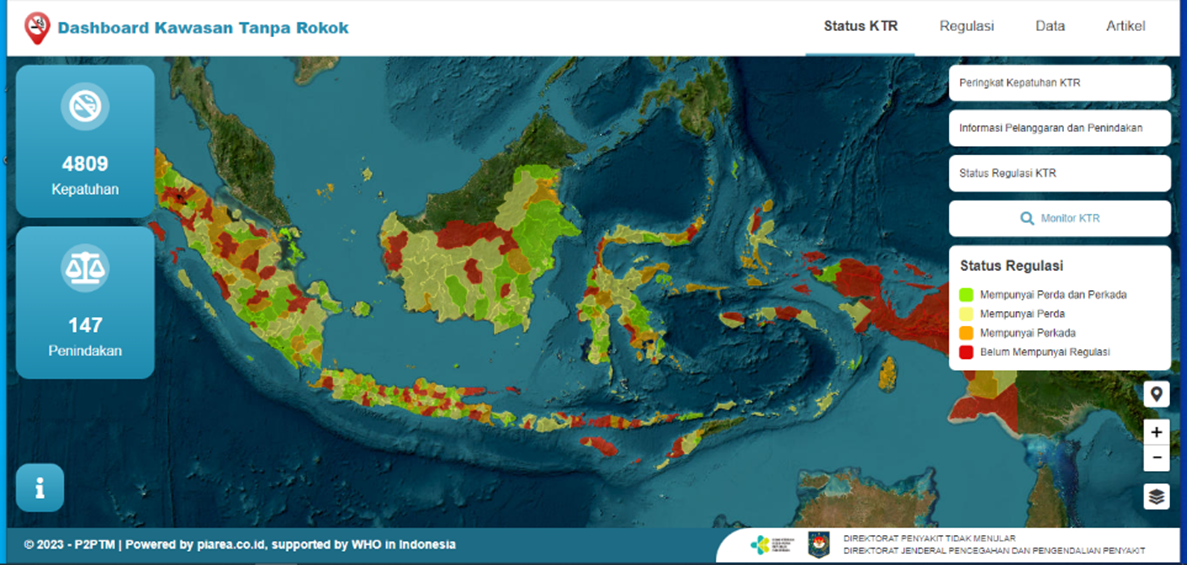 A screenshot of the smoke-free area dashboard, showing a map of Indonesia.