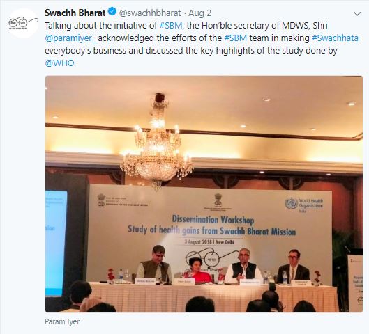 SBM tweet: MDWS Shri Parameswaran Iyer highlights Swachhata efforts and WHO study insights.