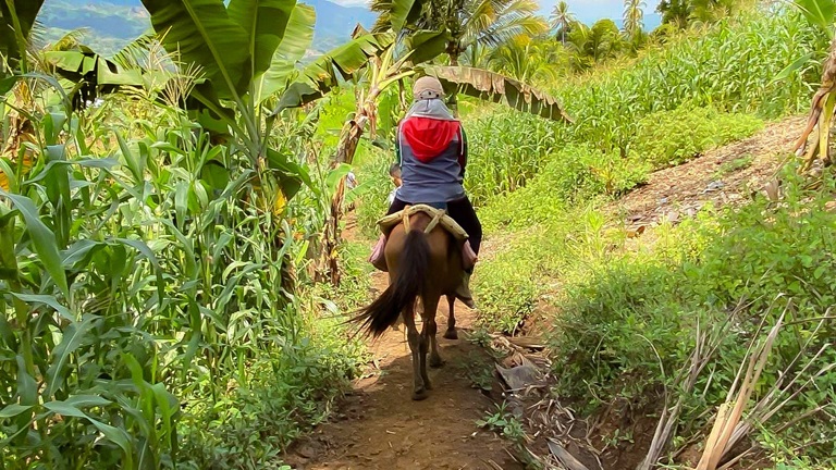 A Doctor to the Barrios rides a horse to reach families in geographically-isolated and disadvantaged areas of Maguindanao del Norte during the Chikiting Ligtas Campaign in 2023.